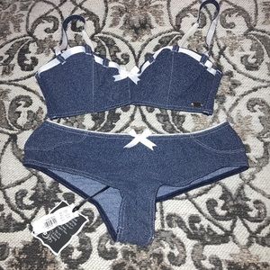 Chantal Thomass Victoria's Secret Denim Ribbon Cheeky Panties S & Bra 34B Set